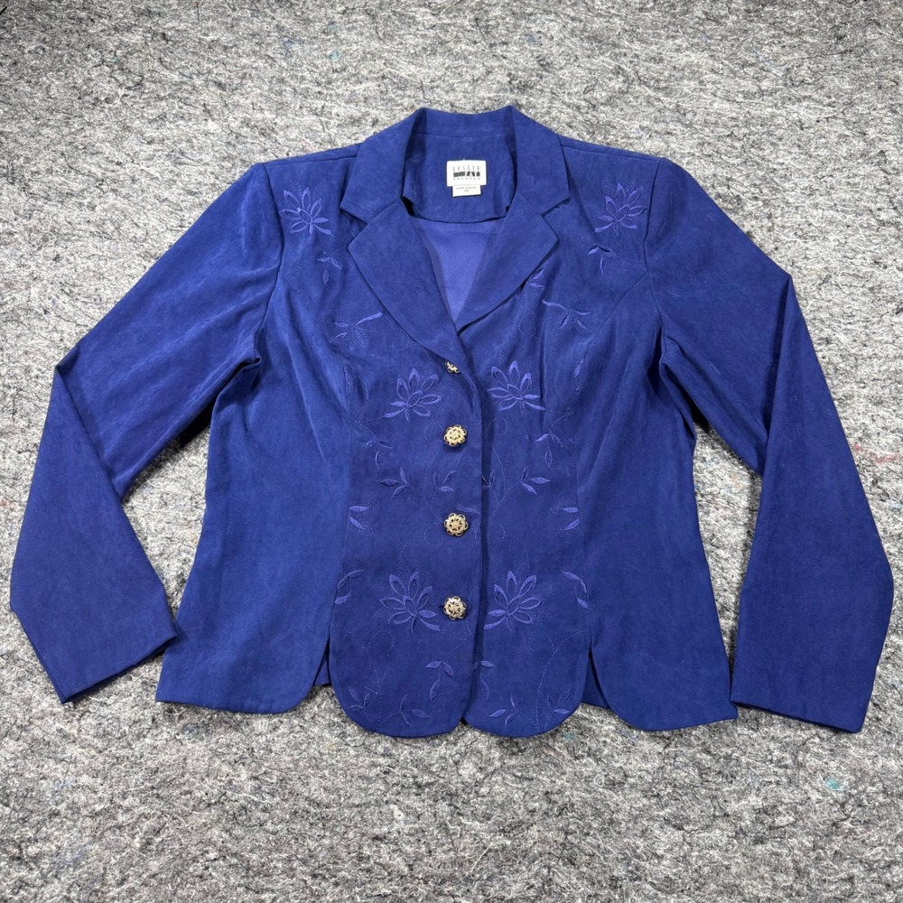 Leslie Fay Women Blue Faux Suede Embroidered Blazer Scalloped Hem Size 14